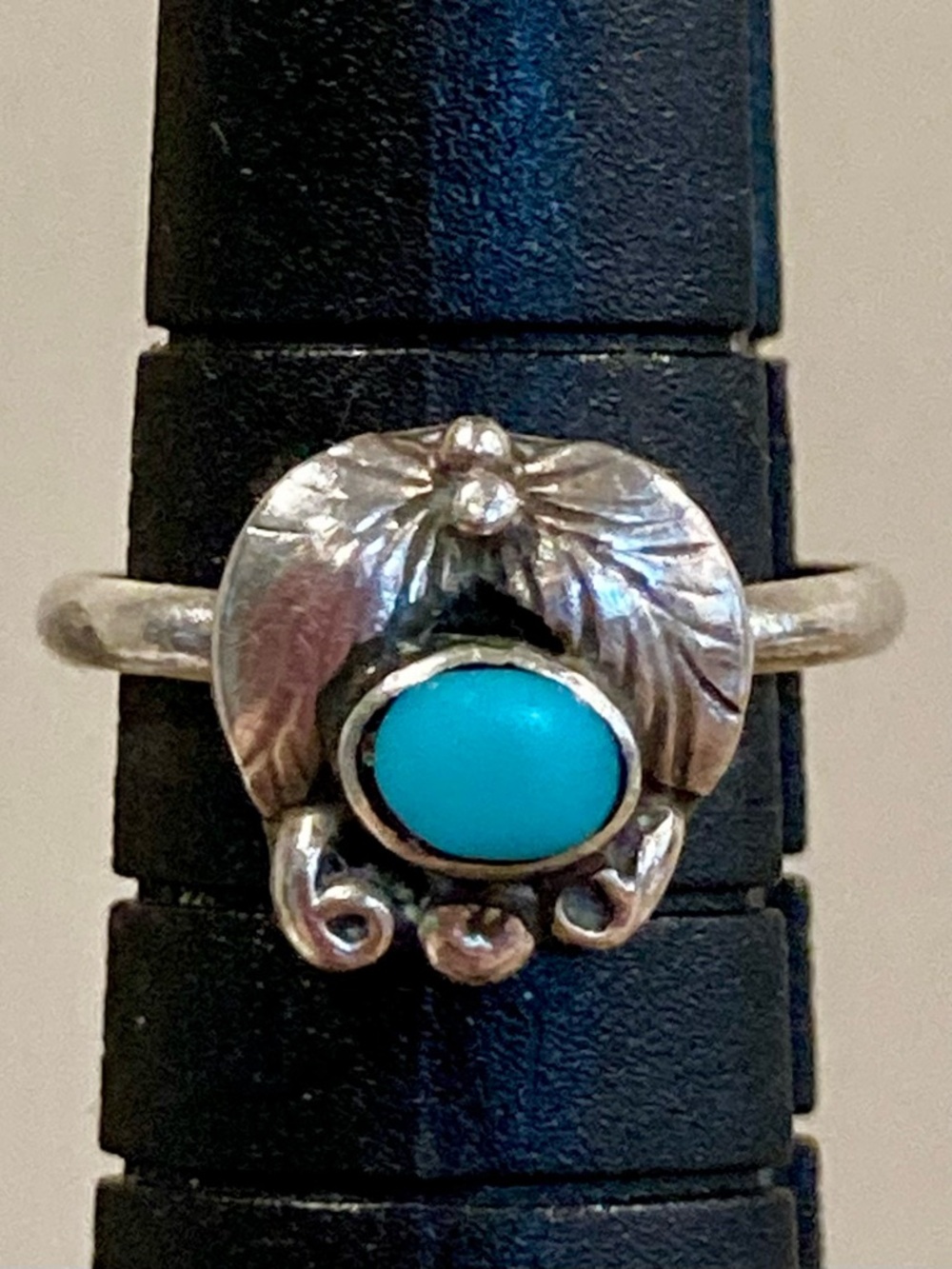 Super Tiny Silver Tone Ring with Turquoise Colored Center • Size 2.25